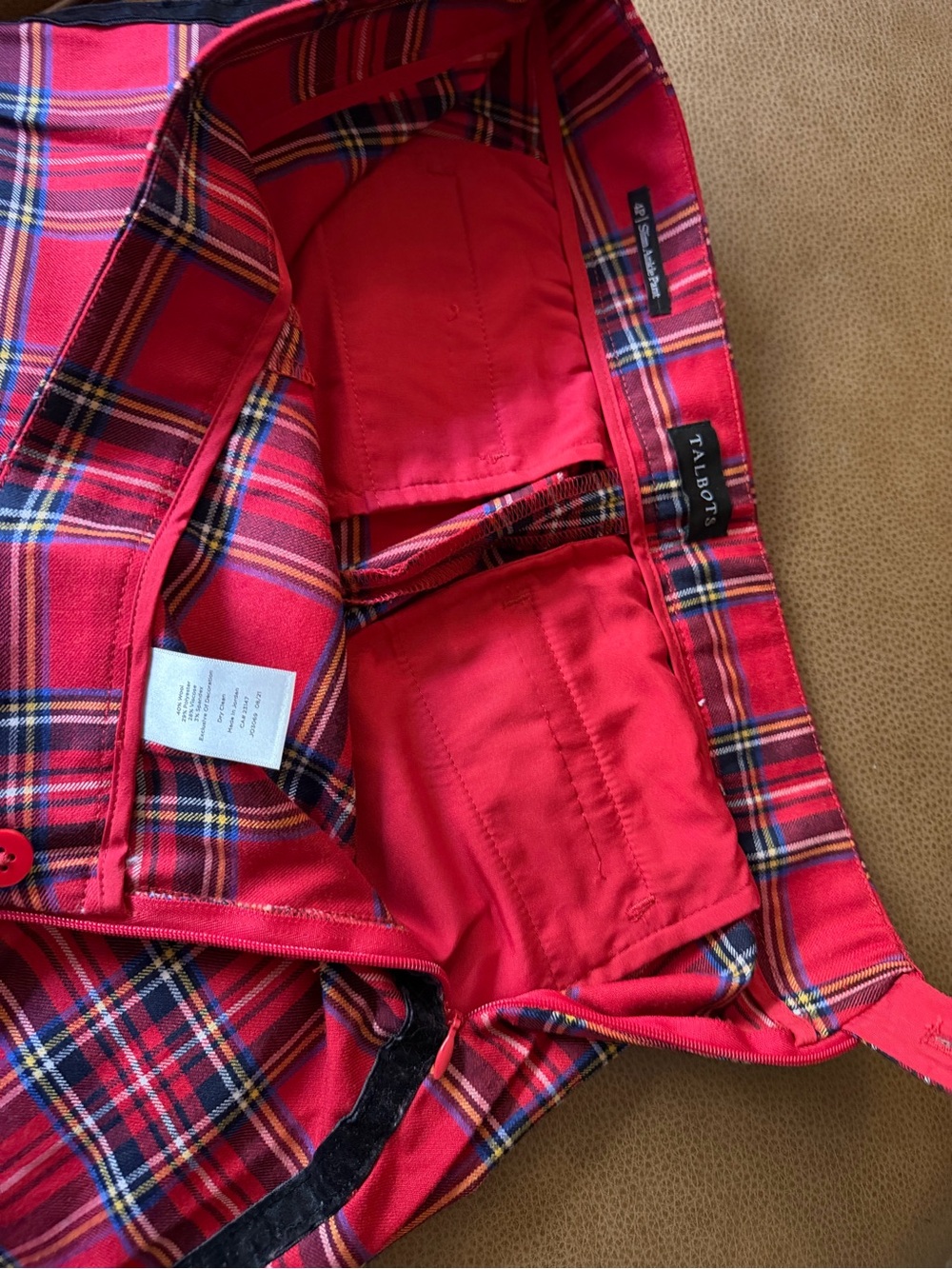 Talbots Red Tartan Plaid Pants with Navy and Yellow Accents